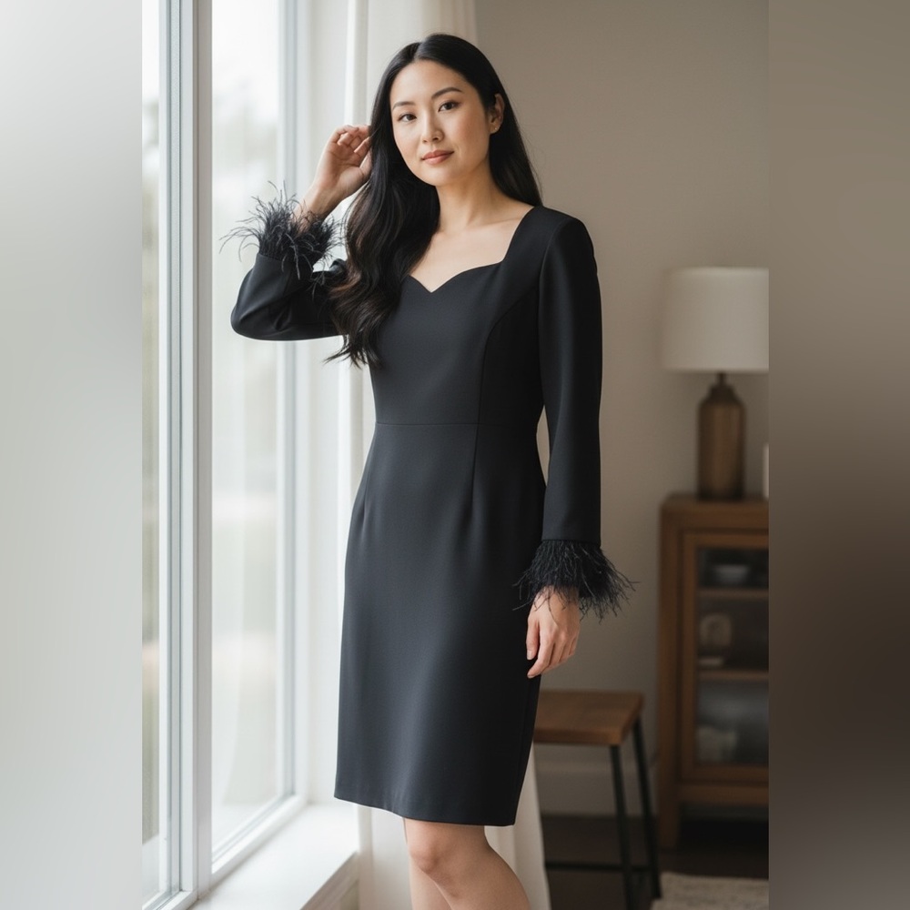 Shelby Nites Womens Black Feather Detail 3/4 Sleeve, Elegant Dress, Sz16
